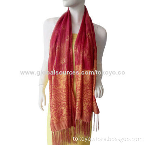Jacquard scarf with stripe jacquard, red base, made of metallic, cotton and wool, size of 180*70cm